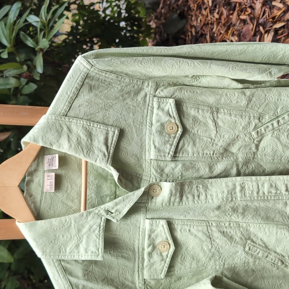 Vintage Green Button Down Jacket / Coat  Paisley Embossed Fabric - Picture 2 of 5